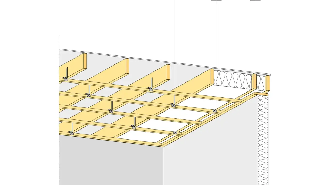 Detaljerad illustration av hur man bygger innertak med träbjälkar och isolering.