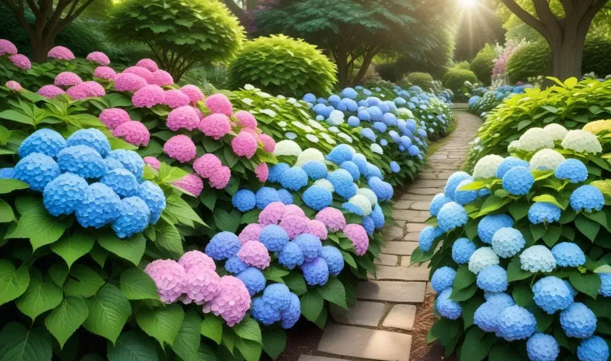 En slingrande stenlagd stig kantad av frodiga hortensior i rosa, blått och vitt. Solen strålar genom träden och skapar en magisk atmosfär, som om hortensia frost dansar i ljuset.
