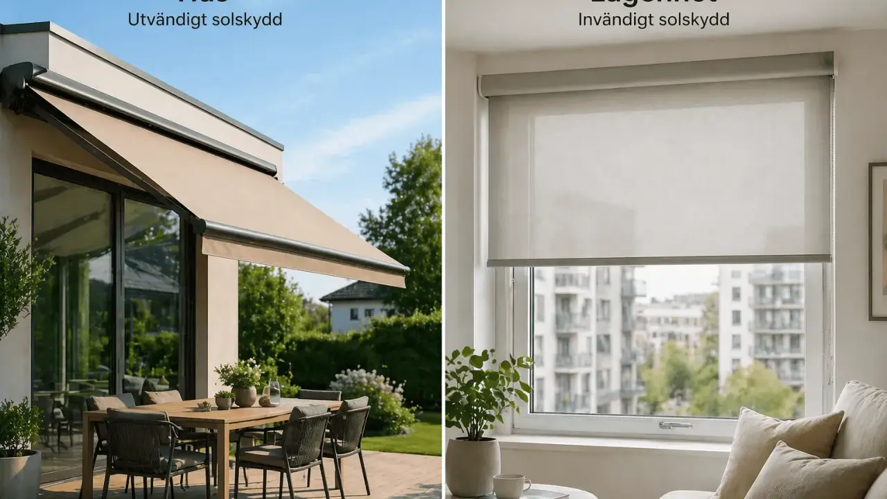 Utvändig markis som skuggtak uterum och invändig rullgardin för lägenhet.
