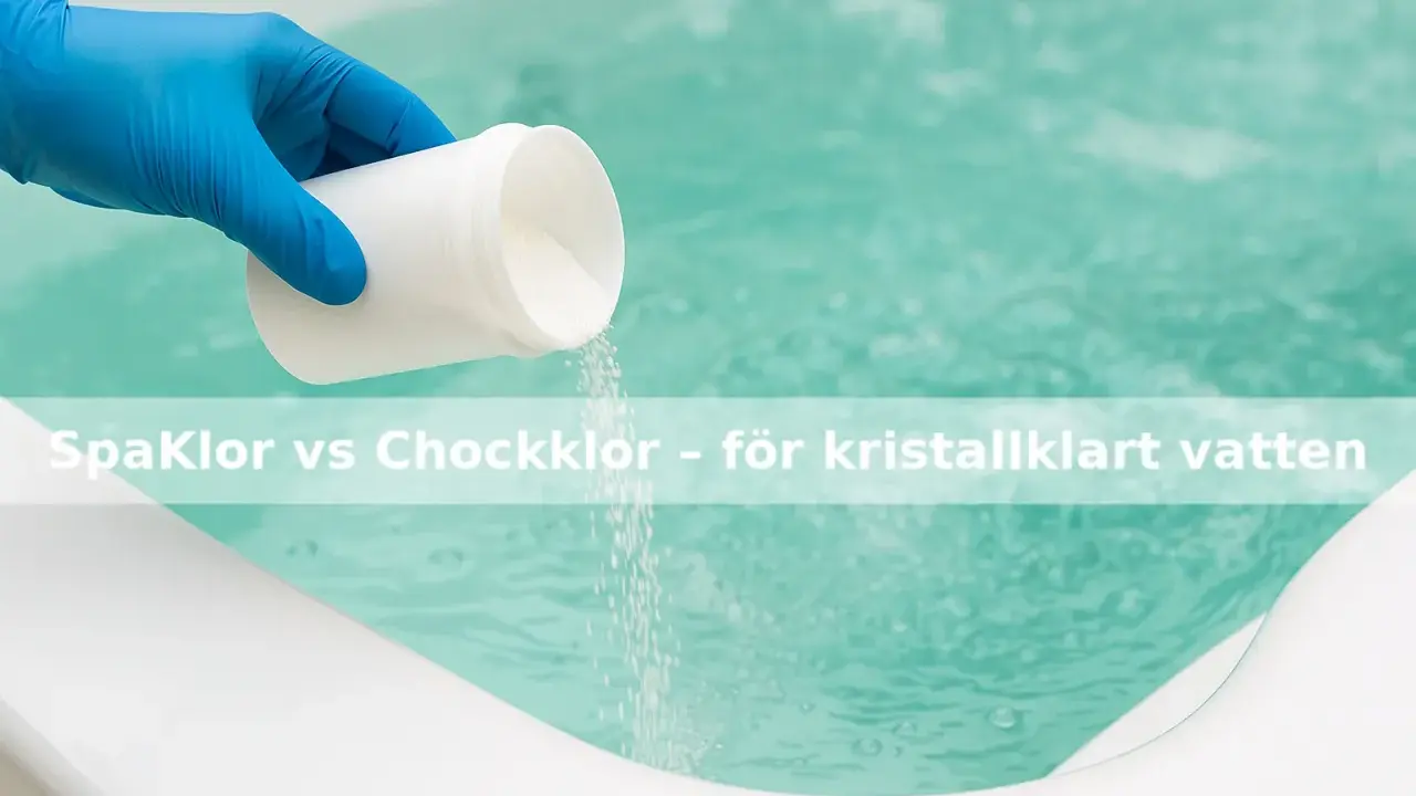 Blå handskbeklädd hand häller pulver från en vit burk i ett spabad. Klor utan cyanursyra för kristallklart vatten.