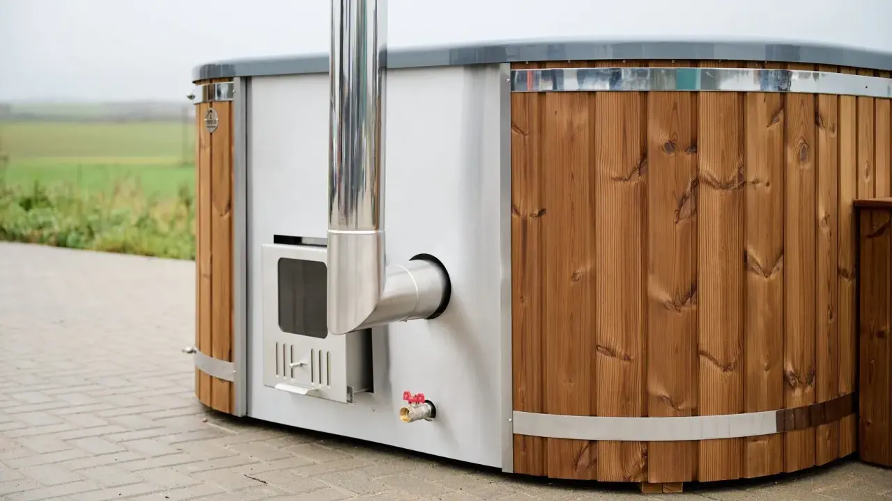 En badtunna hybrid med träpanel och metall, redo för ett avkopplande bad utomhus.