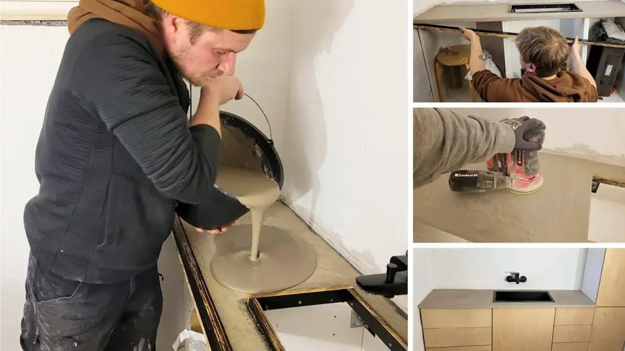 Man häller betong för att behandla betongskiva. Sedan slipas ytan och en färdig bänkskiva med skåp visas.