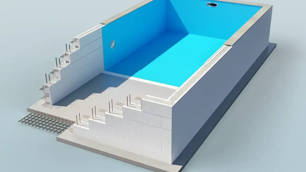 En illustration visar hur man kan bygga billig pool med isolerblock och armering. En blå liner täcker insidan.