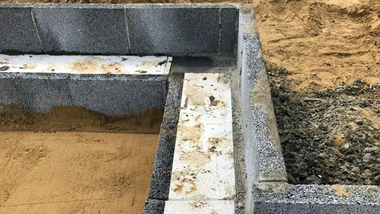 Grunden byggs med lecablock. Sand och grus ligger runt den pågående konstruktionen.