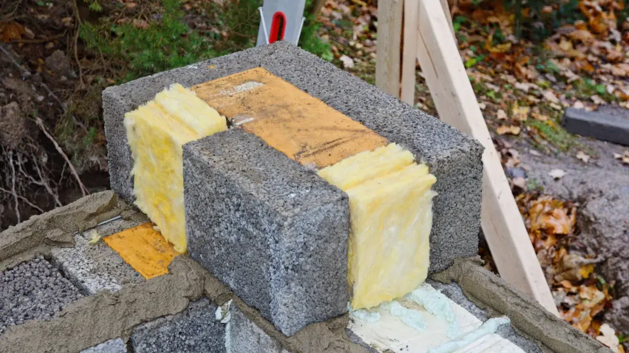 Isolering av lecablock med glasull. En bit trä ligger mellan blocken.