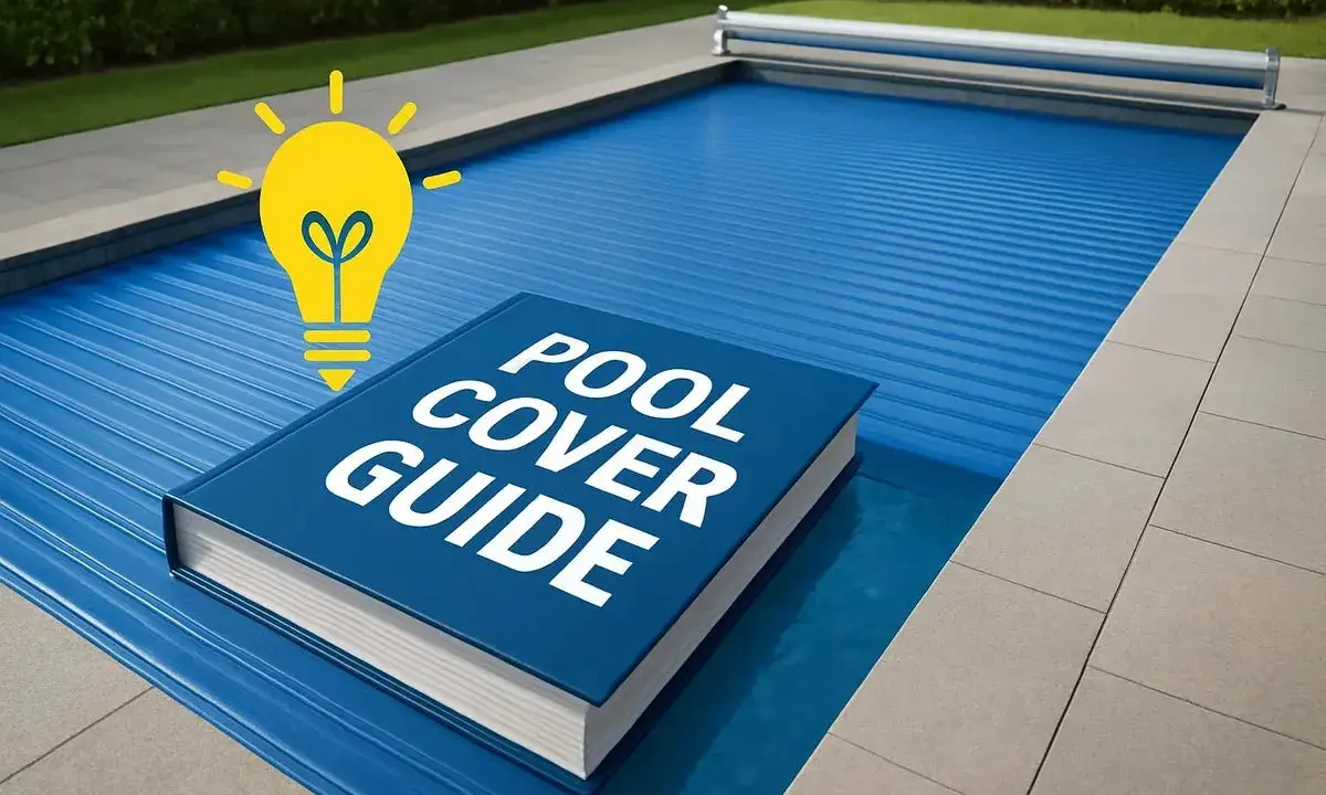 En bok om poolskydd ligger på en täckt rund pool. En glödlampa symboliserar en bra idé för din pooltrappa.