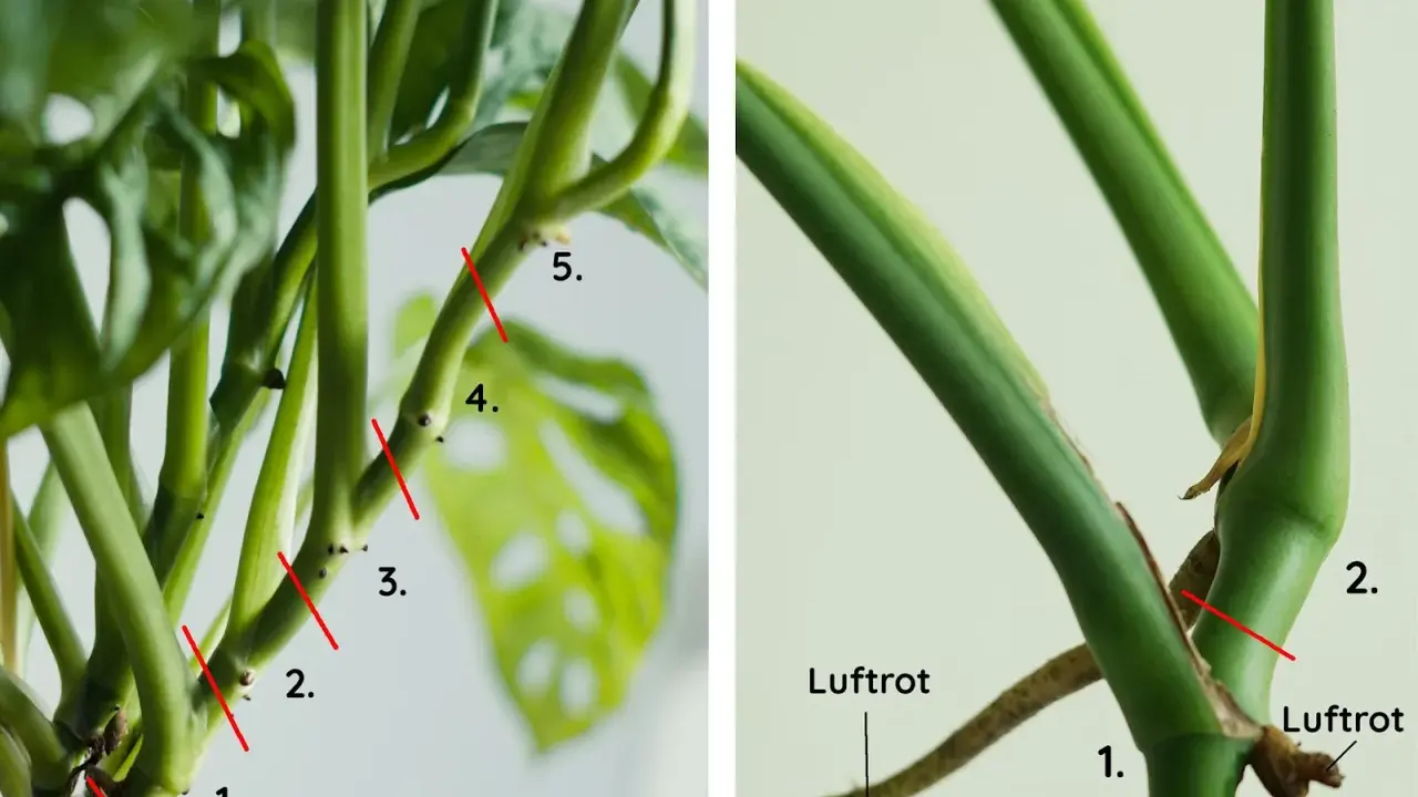 Steg för att plantera om monstera. Röda linjer visar var du ska klippa för att föröka din planta. Luftrot synlig.