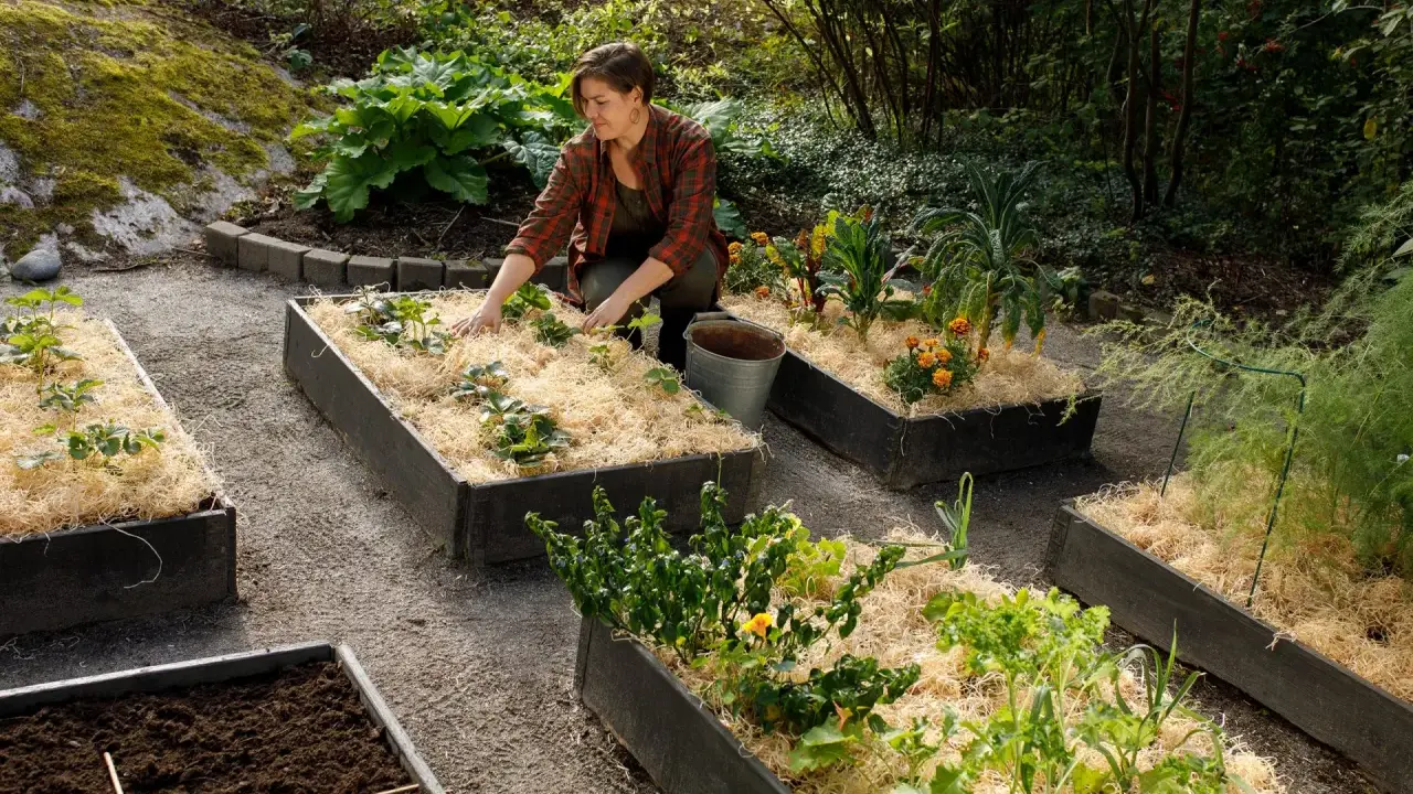 Kvinna planterar i upphöjda bäddar med mullrik jord och halm. Odling av jordgubbar, kål och blommor.