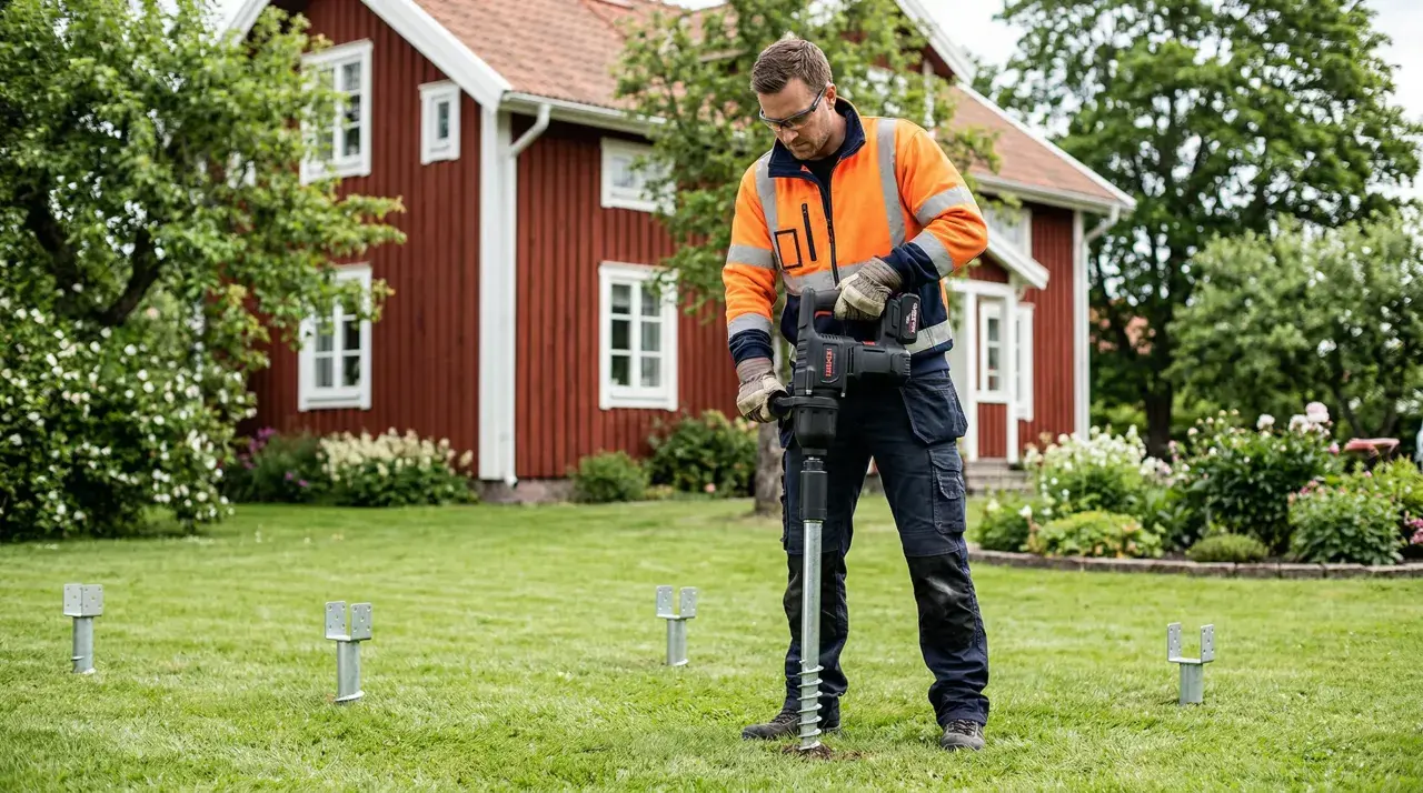 Man med orange jacka installerar skruvfundament för att **påla grund** till ett hus i trädgården.
