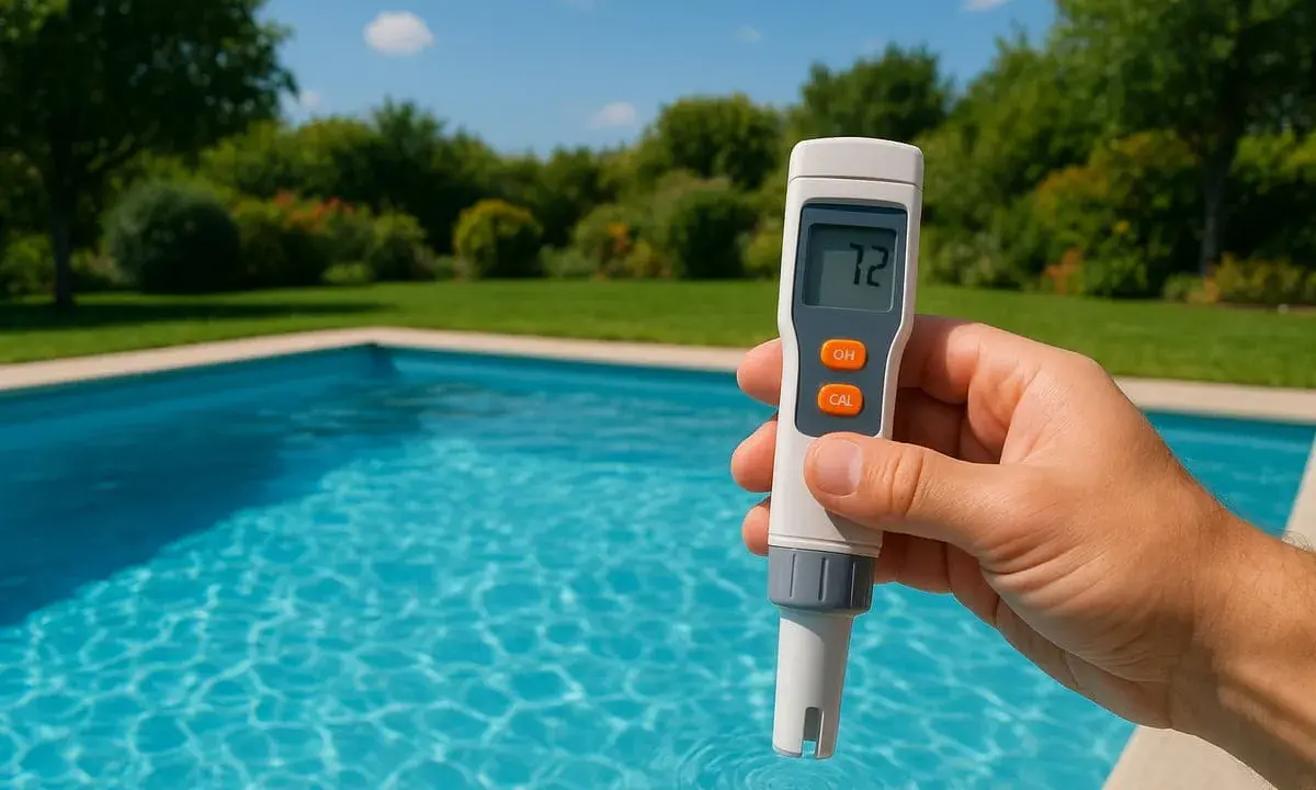 En hand håller en mätare vid en pool. Displayen visar "72", troligen en indikation på alkalinitet pool.