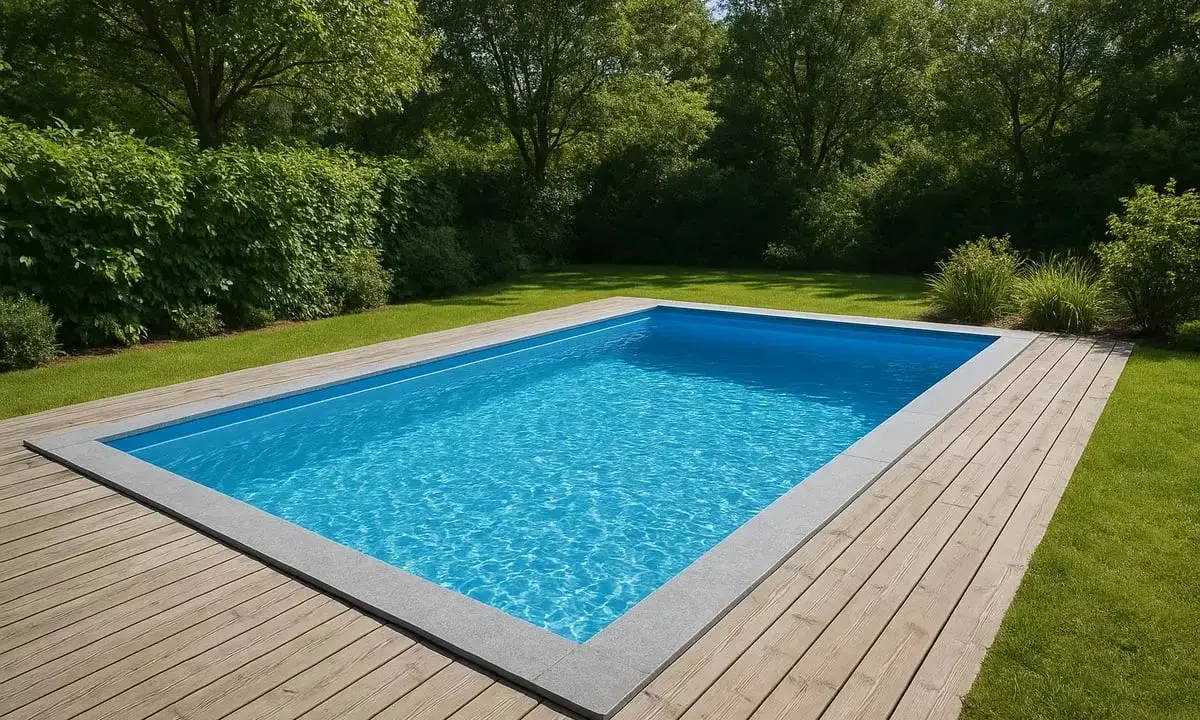 En inbjudande pool med blått vatten, omgiven av en träaltan och grönskande trädgård. Drömmen om att bygga egen pool blir verklighet.