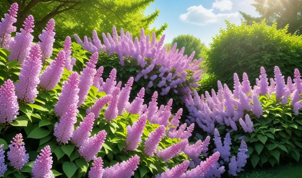 En lummig trädgård med massor av lila syrenblommor som sträcker sig mot en solig himmel. Perfekt för att plantera syren.