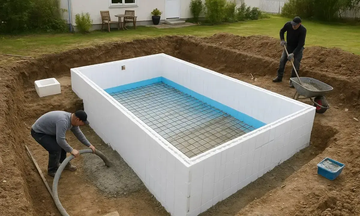 Byggnation av en pool med betongstomme. En person pumpar betong medan en annan fyller skottkärra.