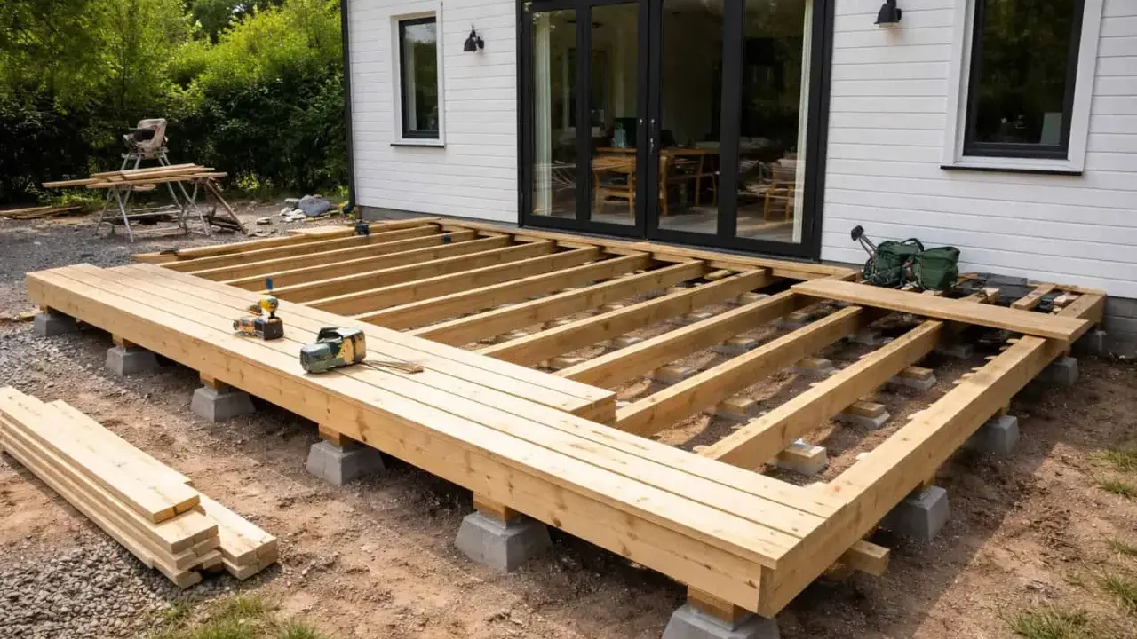 Byggnation av altan med jämnt avstånd mellan trallbrädorna. Verktyg och material ligger redo.