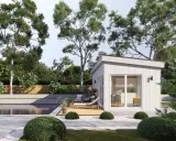Modern poolhus med loungegrupp och solstol vid poolen. Perfekt poolhus inspiration för avkoppling.