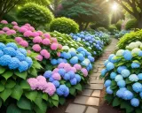 En slingrande stenlagd stig kantad av frodiga hortensior i rosa, blått och vitt. Solen strålar genom träden och skapar en magisk atmosfär, som om hortensia frost dansar i ljuset.