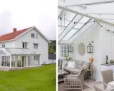 Vitt hus med glasveranda som löper runt husknuten. Utemöbler i rotting och matplats under glastaket.