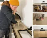 Man häller betong för att behandla betongskiva. Sedan slipas ytan och en färdig bänkskiva med skåp visas.