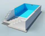 En illustration visar hur man kan bygga billig pool med isolerblock och armering. En blå liner täcker insidan.