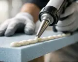 Handske-klädda händer använder en fogpistol för att måla cellplast med ett vitt tätningsmedel.