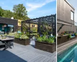 Modern villa med pool i sluttning. Uteplats med matbord och loungegrupp. Pergola med blommor.