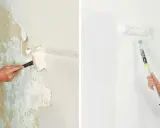 Vänster bild: En hand använder en bredspackla för att ta bort gammal tapet. Höger bild: En person målar en vägg vit med en roller.
