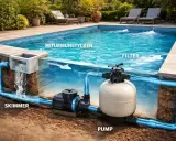 Schema för poolens cirkulationssystem: skimmer, pump, filter och returmunstycken. För rent vatten ska cirkulationspumpen gå hela tiden.