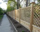 En nybyggd klematis spalje längs en grusgång.