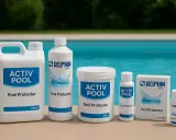 A row of Delphin Activ Pool Protector products, including bottles and a box, sit on a pool deck. The clear blue water of the pool is visible behind them, with a hint of green trees in the distance.