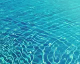Vattnet i poolen är klart och blått, med solljus som skapar ett mönster på ytan. Det ser ut som att det finns lite alger i poolen, vilket ger en grönaktig ton.