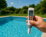 En hand håller en mätare vid en pool. Displayen visar "72", troligen en indikation på alkalinitet pool.