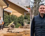 Man bygger altan. Verktyg och material ligger redo för altan konstruktion. I högra bilden en man i väst med Dryft-logga.