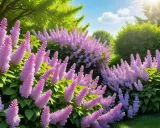 En lummig trädgård med massor av lila syrenblommor som sträcker sig mot en solig himmel. Perfekt för att plantera syren.