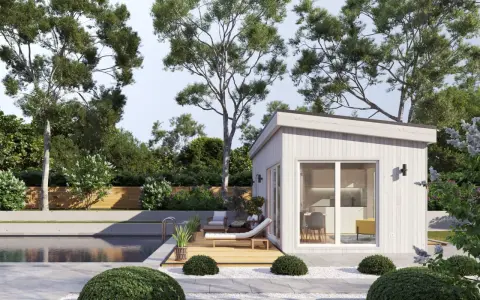 Modern poolhus med loungegrupp och solstol vid poolen. Perfekt poolhus inspiration för avkoppling.