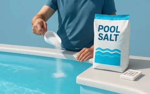 Man häller salt till poolen från en påse "POOL SALT". En liten testare ligger bredvid.