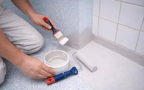 Måla plastmatta badrum med pensel och roller. En hink med färg står bredvid.