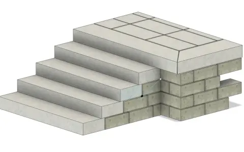 Illustration av hur man kan gjuta trappa med lecablock som stomme. Trappsteg i betong vilar på en mur av lecablock.