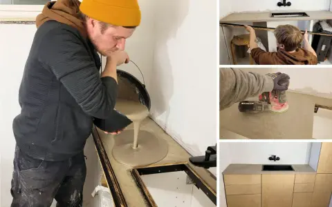 Man häller betong för att behandla betongskiva. Sedan slipas ytan och en färdig bänkskiva med skåp visas.