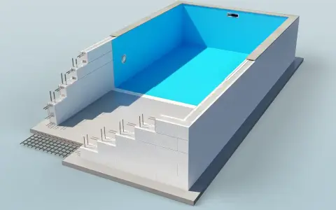 En illustration visar hur man kan bygga billig pool med isolerblock och armering. En blå liner täcker insidan.