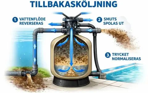 Illustration visar hur man byta sand i sandfilter. Vattenflödet reverseras, smuts spolas ut och trycket normaliseras.