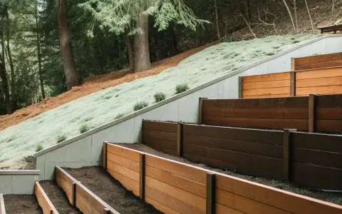 Terrasserade träplanteringslådor skapar en vacker altan nivåskillnad mot en sluttande, grönskande kulle och skog.