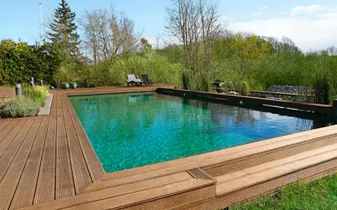 En vacker klorfri pool med trädäck och grönskande omgivning. Perfekt för avkoppling i naturen.