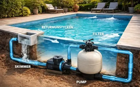 Schema för poolens cirkulationssystem: skimmer, pump, filter och returmunstycken. För rent vatten ska cirkulationspumpen gå hela tiden.