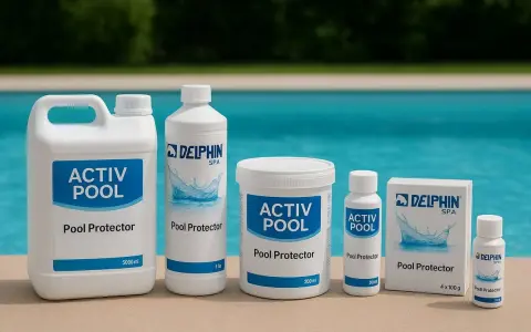 A row of Delphin Activ Pool Protector products, including bottles and a box, sit on a pool deck. The clear blue water of the pool is visible behind them, with a hint of green trees in the distance.