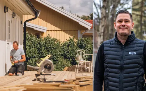 Man bygger altan. Verktyg och material ligger redo för altan konstruktion. I högra bilden en man i väst med Dryft-logga.