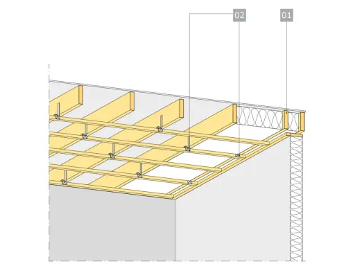 Detaljerad illustration av hur man bygger innertak med träbjälkar och isolering.