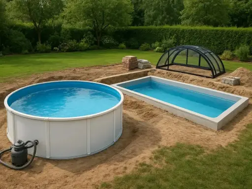 Två pooler, en rund och en rektangulär, grävs ner i marken. En kupolformad pooltäckning står redo.