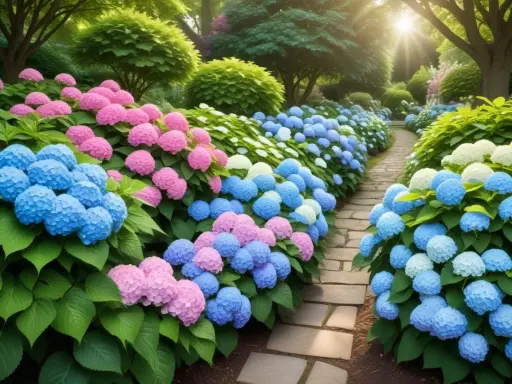 En slingrande stenlagd stig kantad av frodiga hortensior i rosa, blått och vitt. Solen strålar genom träden och skapar en magisk atmosfär, som om hortensia frost dansar i ljuset.