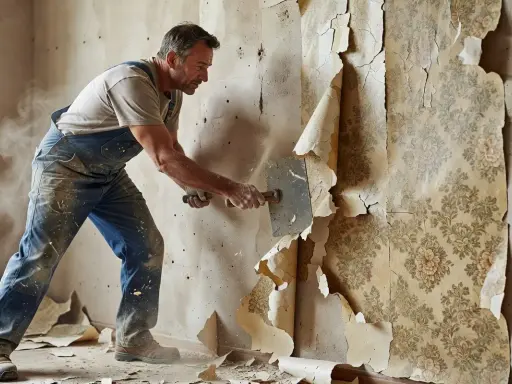Man i blå hängselbyxor använder en spackel för att ta bort gammal tapet från en vägg. Damm virvlar upp.