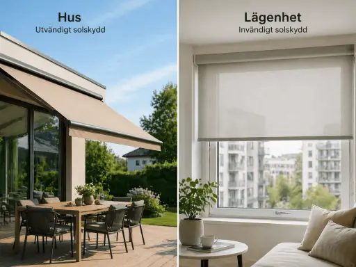 Utvändig markis som skuggtak uterum och invändig rullgardin för lägenhet.